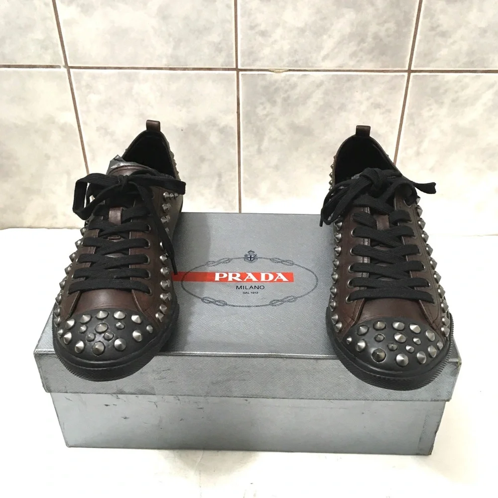 Prada Sport Mens Brown Spiked Leather Sneakers. Prada 9 = US size 10 - Picture 8 of 8